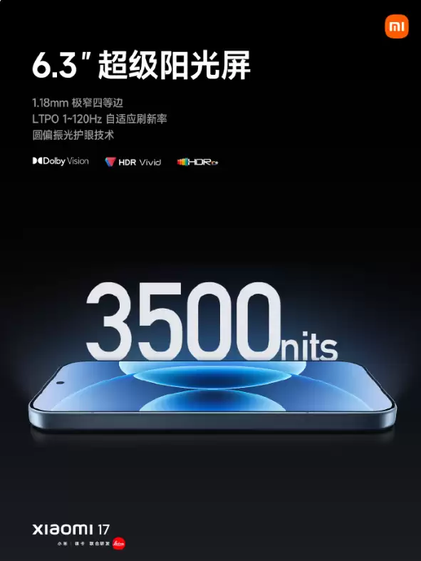 发光效率国际领先！小米17系列搭载超级阳光屏：峰值亮度高达3500nits