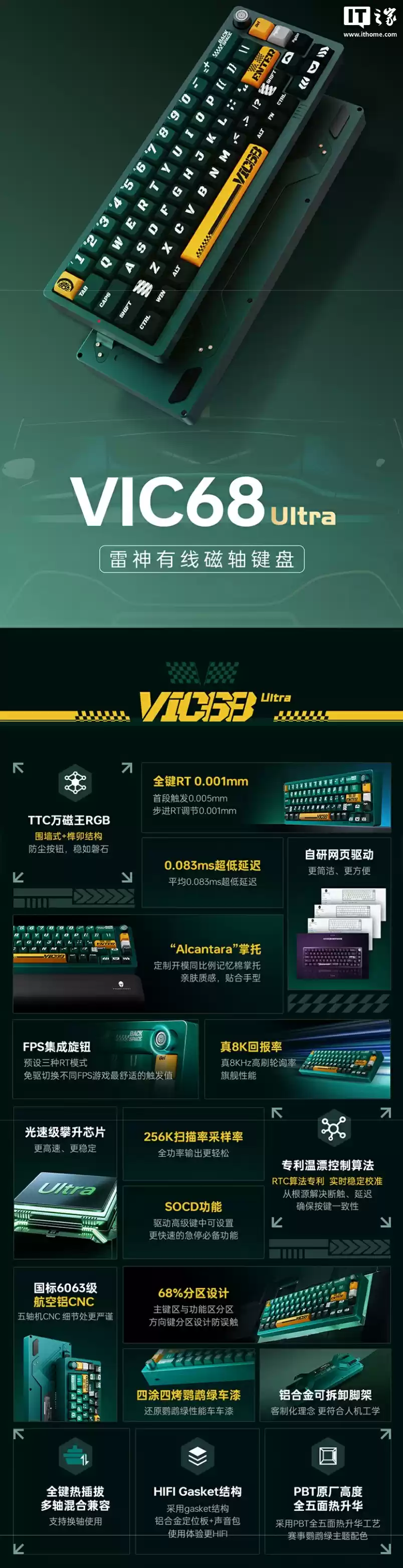 雷神 VIC68 Ultra 有线磁轴键盘首销：0.001mm RT 精度、TTC 万磁王 RGB 轴体，首发价 875 元