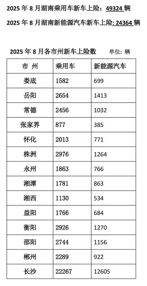 2025年8月湖南新车上险量双降 长沙稳居榜首小米SU7夺新能源冠军