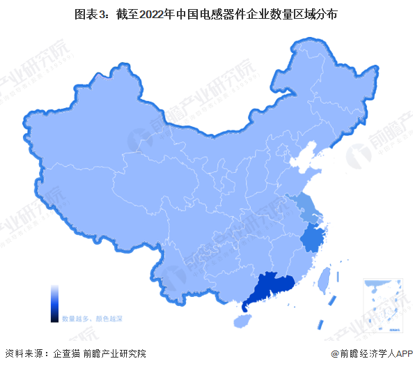 图表3：截至2022年中国电感器件企业数量区域分布