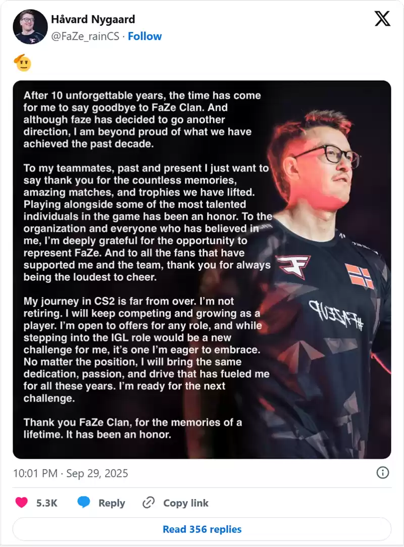 传奇落幕！FaZe官宣下放功勋老将rain，Twistzz回归首发终结18个月无冠魔咒