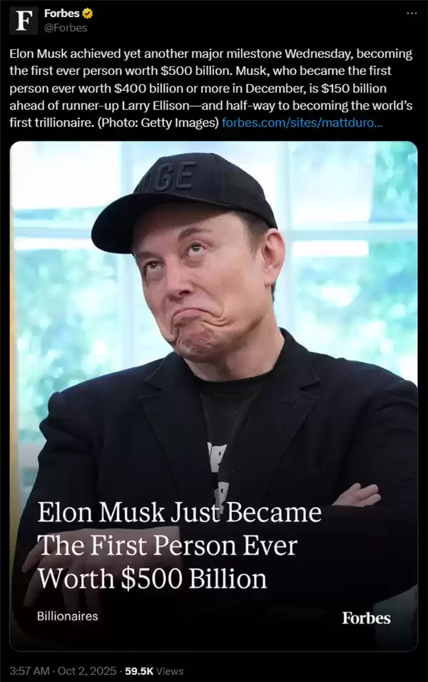 特斯拉市值一夜大涨！马斯克个人财富突破5000亿美元 历史第一人