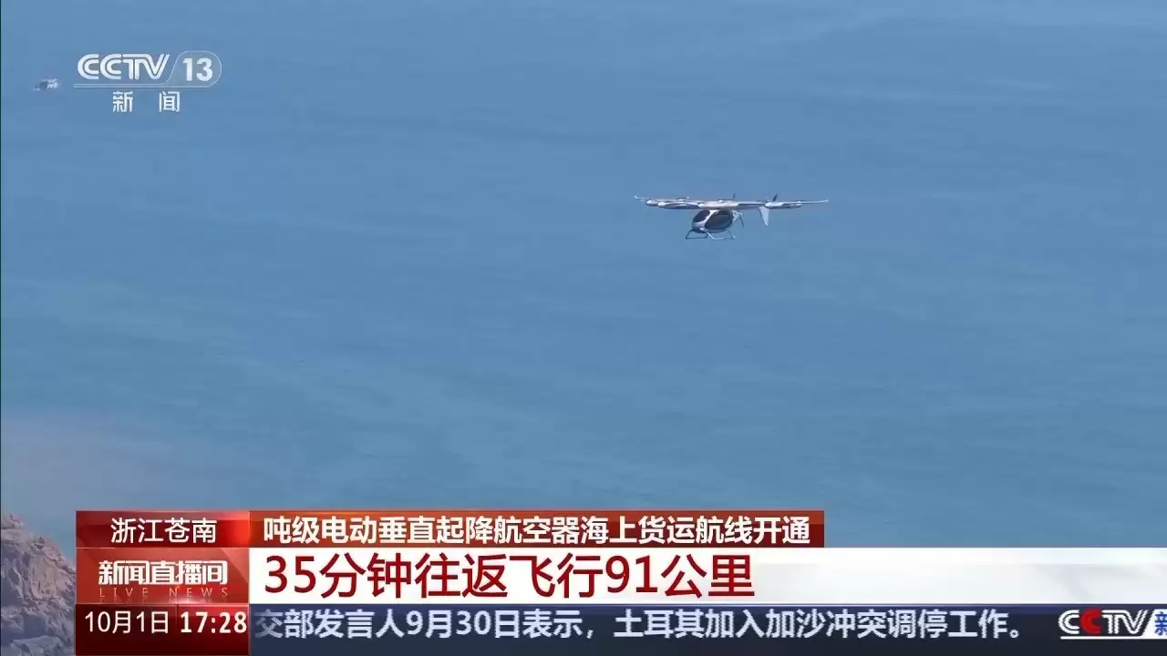 我国首条吨级电动垂起航空器海上货运航线启用