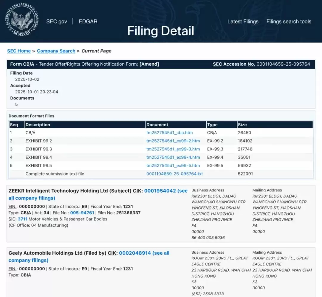 极氪私有化新进展：极氪科技与吉利汽车向美国证券交易委员会提交