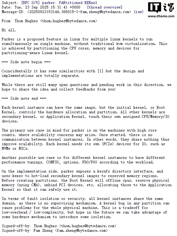 字节跳动工程师提出 Linux 多内核方案 Parker,实现无虚拟化多系统并行