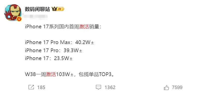 iPhone17系列首周激活量