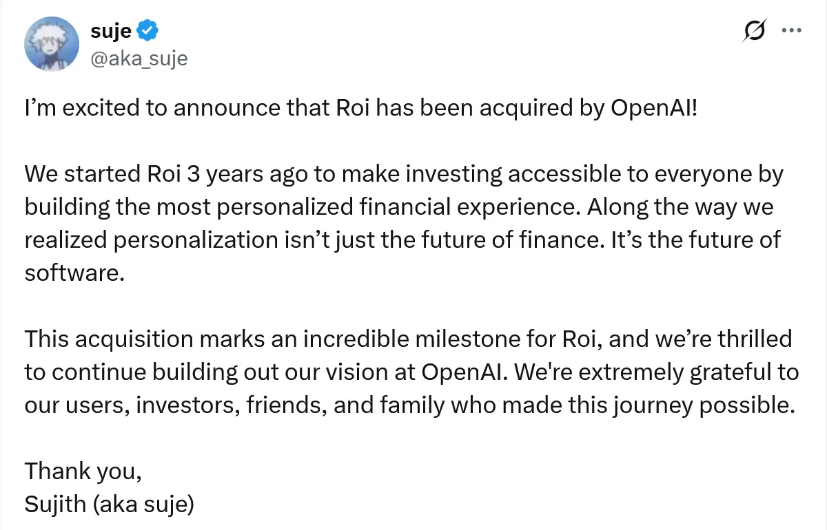 OpenAI收购Roi布局个性化金融AI
