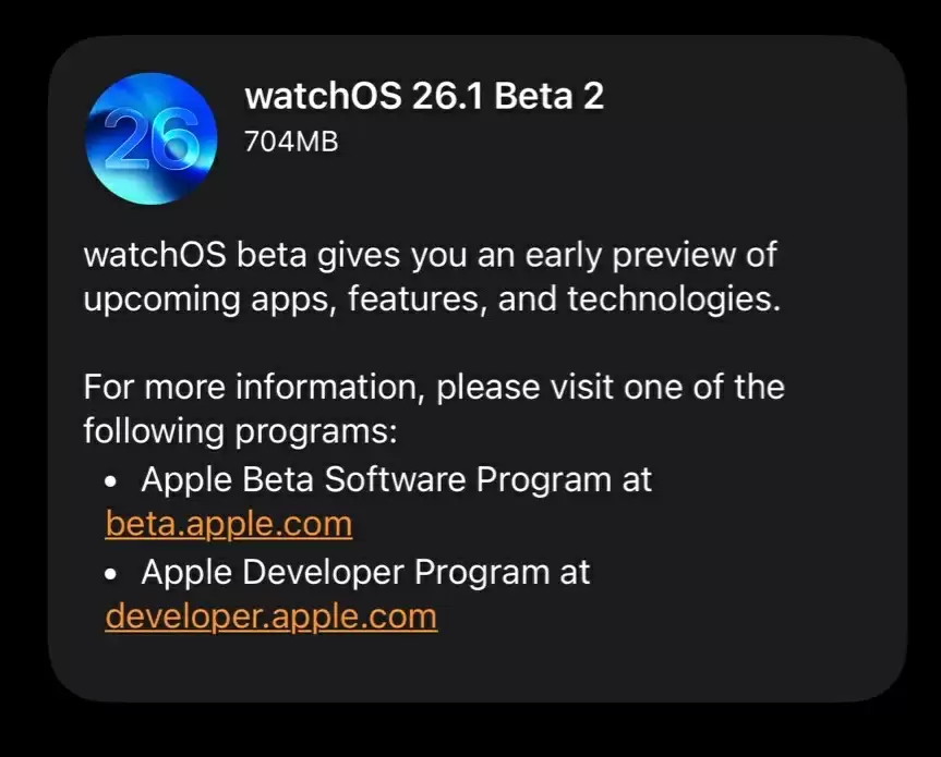 苹果 watchOS 26.1 开发者预览版 Beta 2 发布