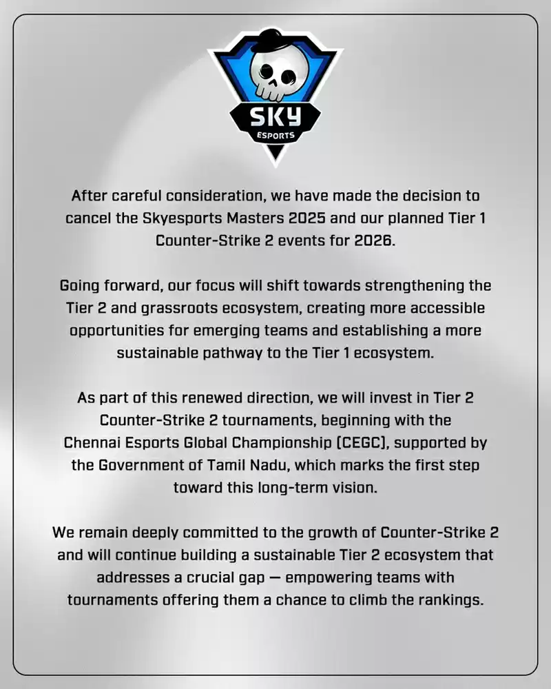 Skyesports宣布取消2025 Skyesports大师赛及2026年计划举办的所有一线赛事