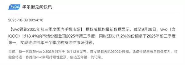 vivo再次拿下国内份额第一!连续四年三个季度领先