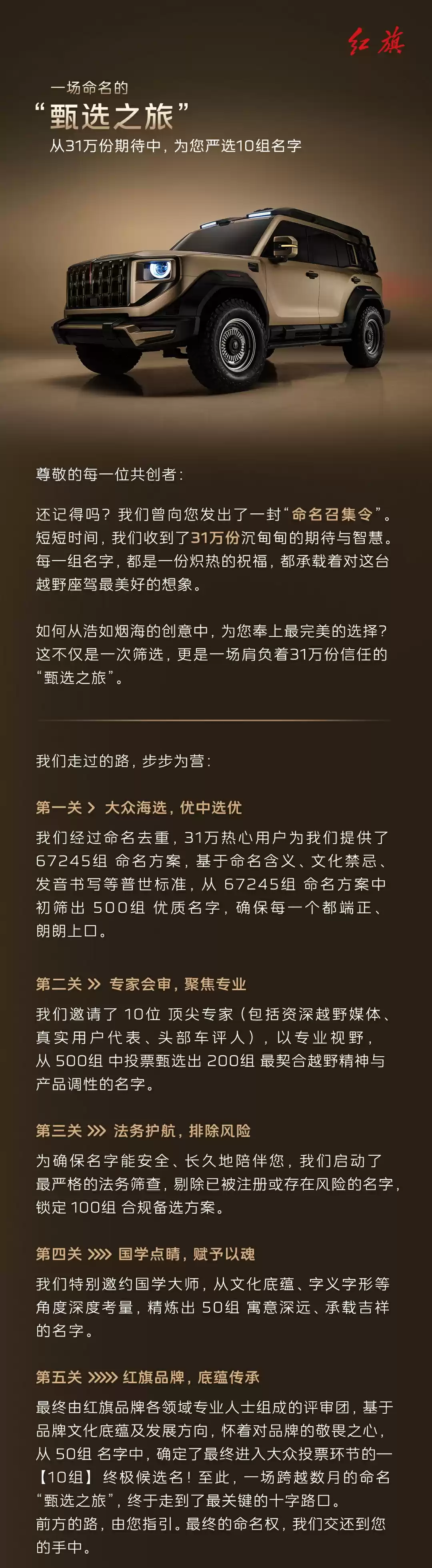 红旗首款豪华硬派越野车全网征名 TOP10 出炉，采纳者将获赠 001 号车