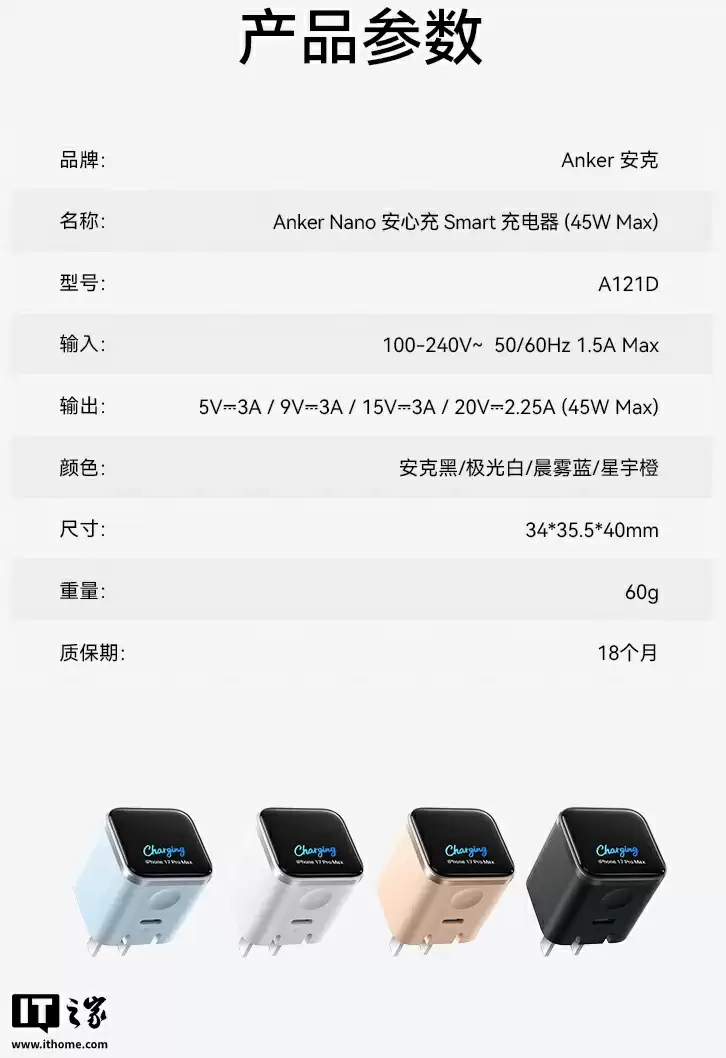 149 元安克 45W 带屏充电头首销:小方块造型带折叠插脚、支持连接苹果 iPhone / iPad 智能显示型号