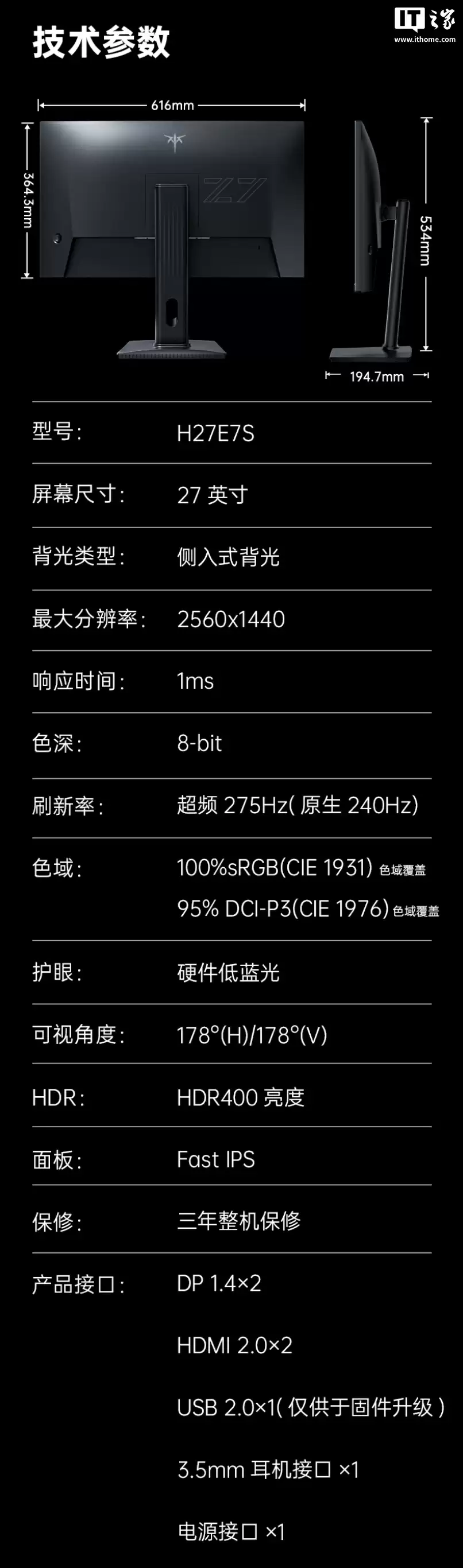 KTC“H27E7S”27 英寸显示器预售:2K 275Hz 超频,849 元