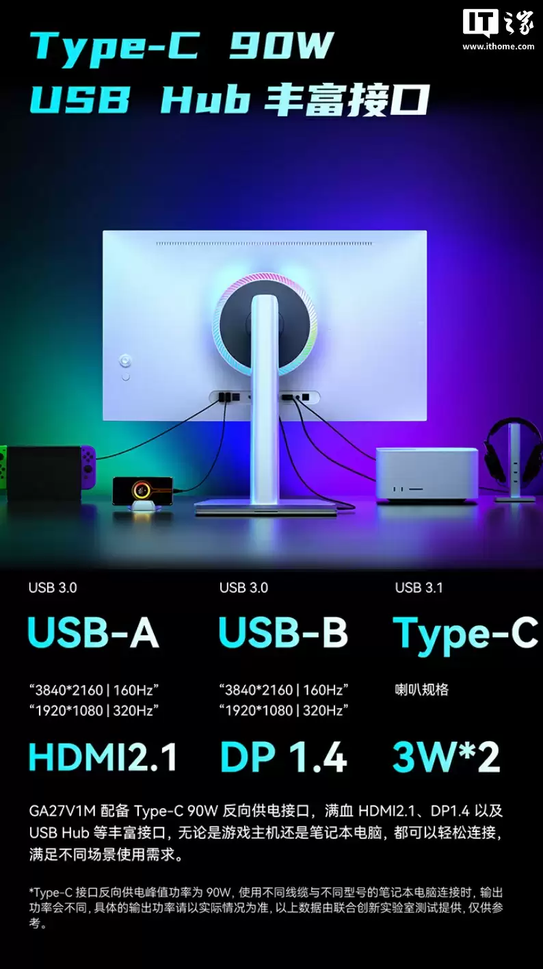 联合创新推出 27 英寸显示器“GA27V1M”：4K 160Hz / FHD 320Hz + 双扬 + 光线传感器，2599 元