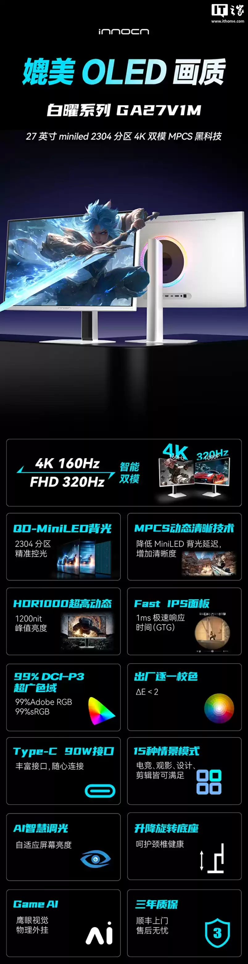 联合创新推出 27 英寸显示器“GA27V1M”：4K 160Hz / FHD 320Hz + 双扬 + 光线传感器，2599 元