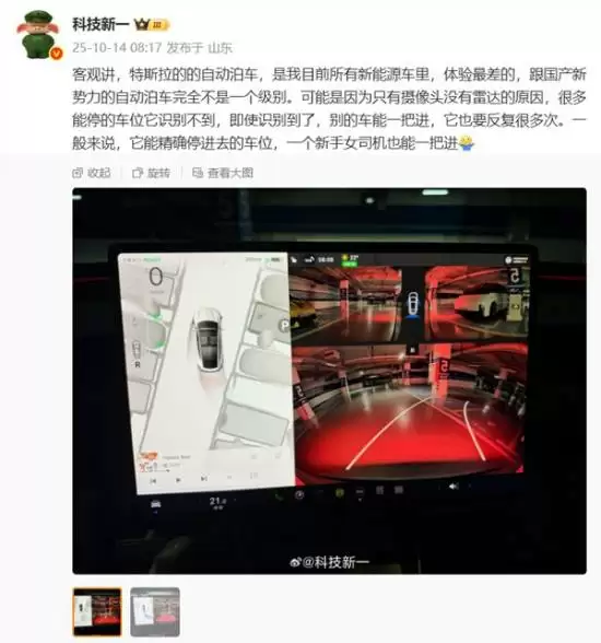特斯拉自动泊车表现垫底？博主实测引热议