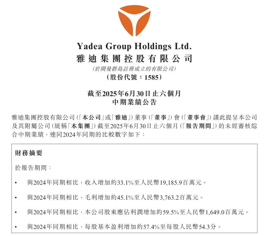 雅迪控股业绩数据