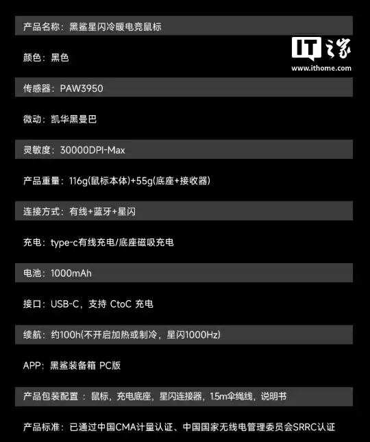 黑鲨全球首发冷暖鼠标发售：升温可达 20°C、支持星闪，459 元起