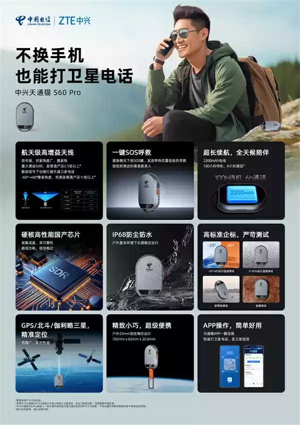 1239元让所有手机支持卫星电话!中兴卫星通S60+Pro发布:覆盖北斗+天通
