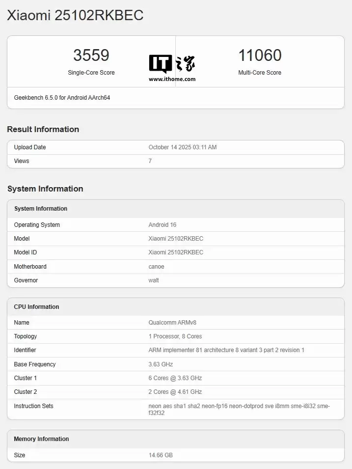小米 REDMI K90 Pro 手机跑分曝光:高通第五代骁龙 8 至尊版芯片,16GB 内存