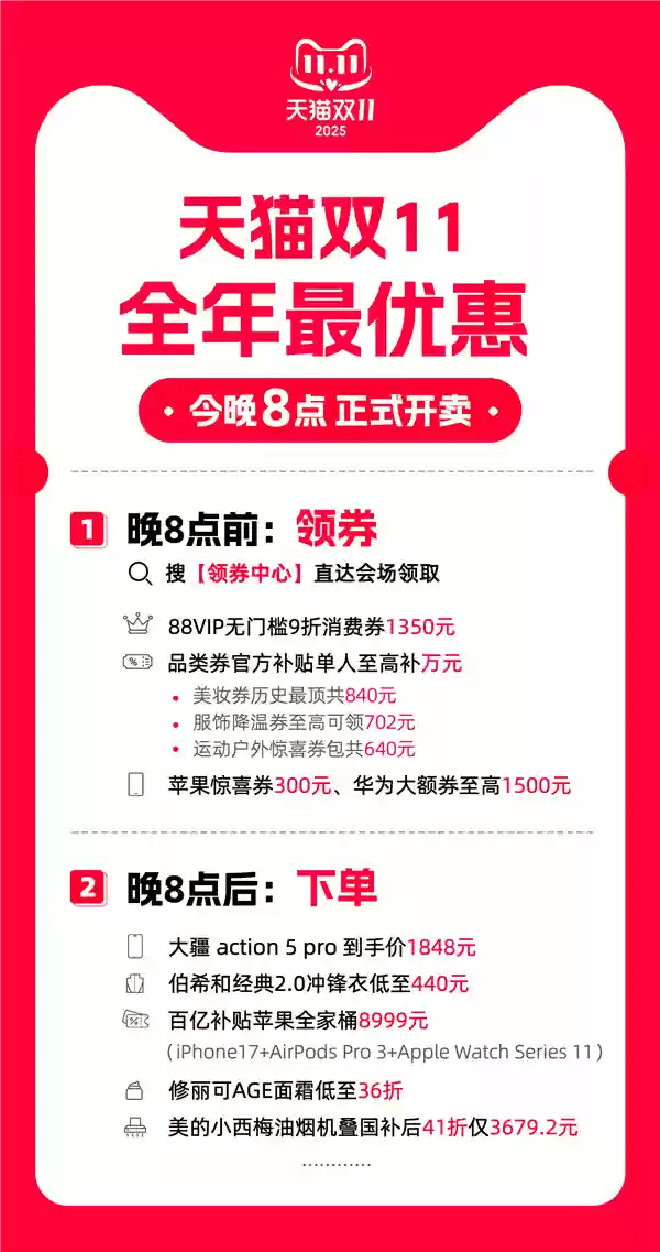 天猫双11今晚8点正式开卖！全年最优惠 品类券每人可领万元