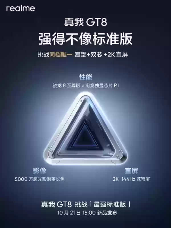 挑战最强标准版！真我GT8公布：同级唯一潜望长焦+理光GR影像