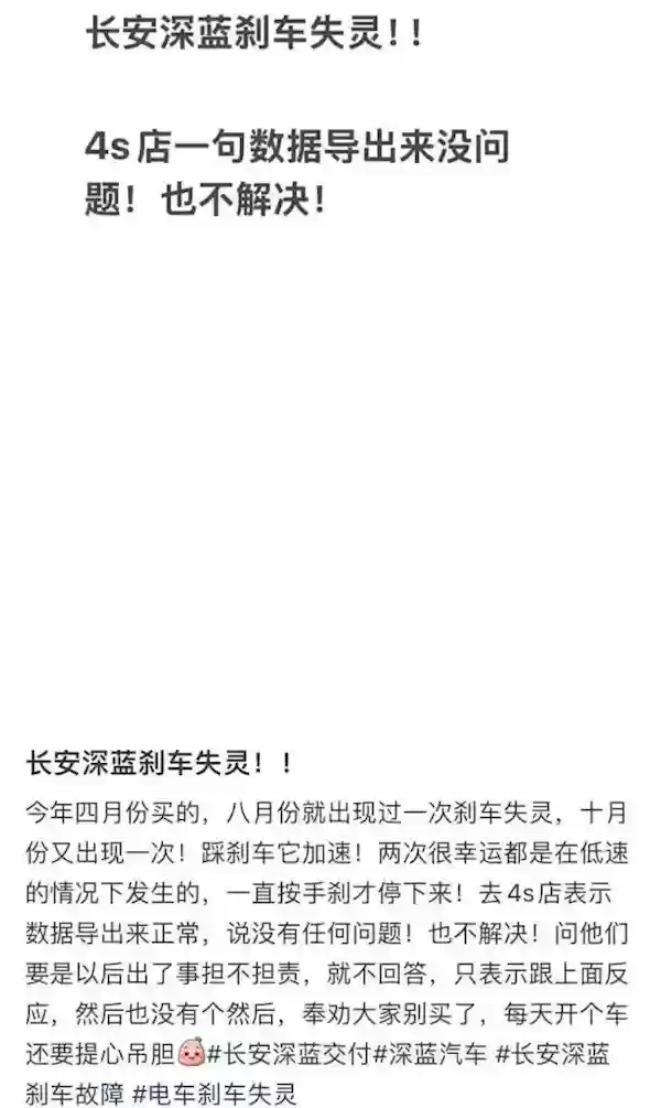 踩刹车反而加速 有车主投诉称长安深蓝制动有问题