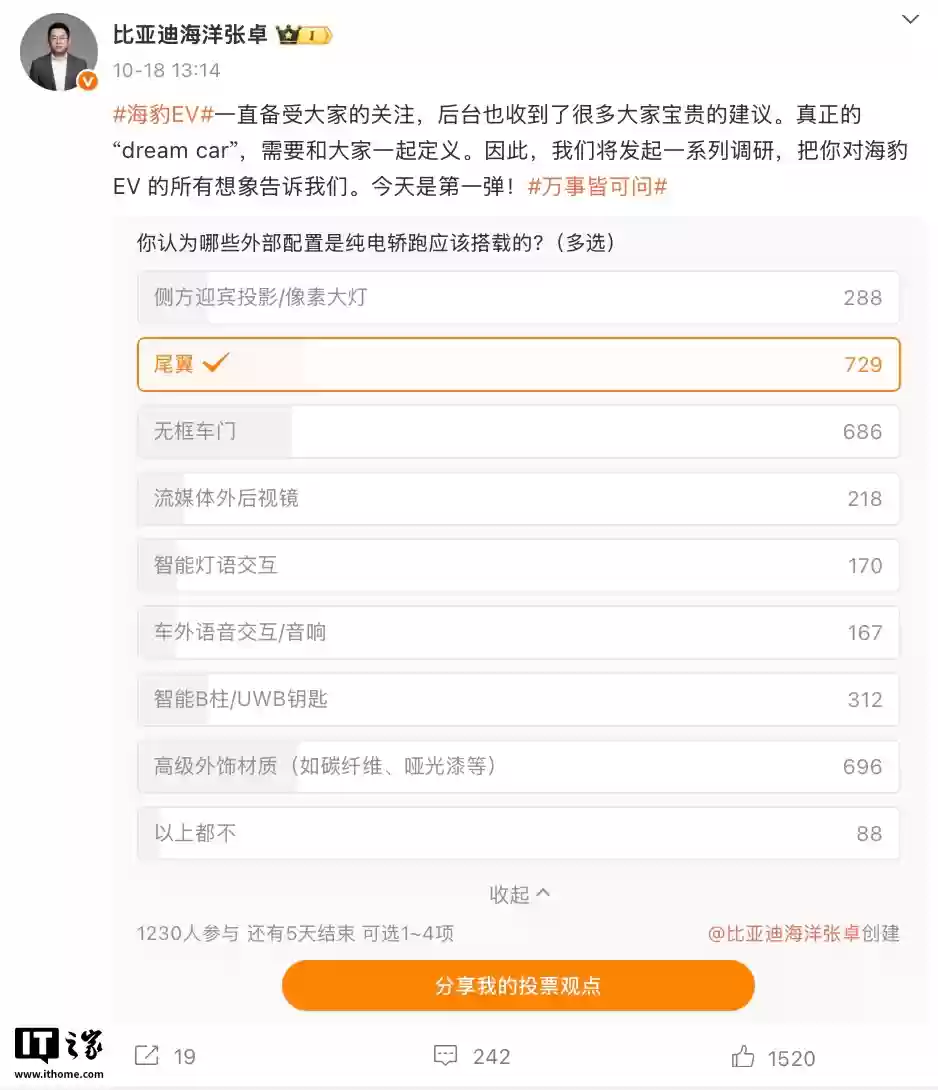 比亚迪海豹EV开启外部配置用户调研,暗示系列车型有望迎设计改款