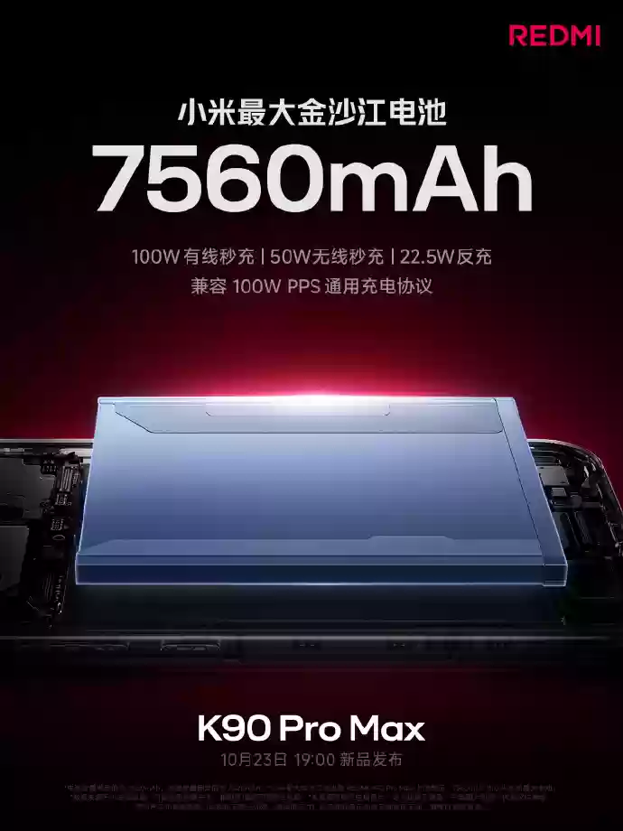 REDMI K90 Pro Max 搭载 7560mAh 小米最大金沙江电池，兼容 100W PPS 充电协议