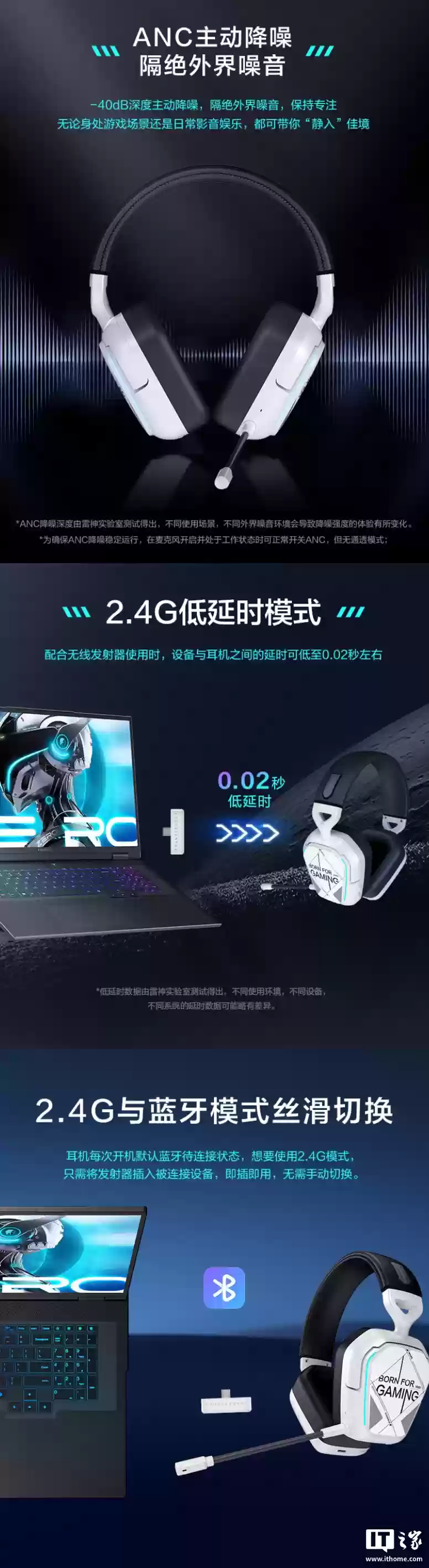雷神推出影翼无线头戴式游戏耳机:40mm 单元、ANC 主动降噪,199 元