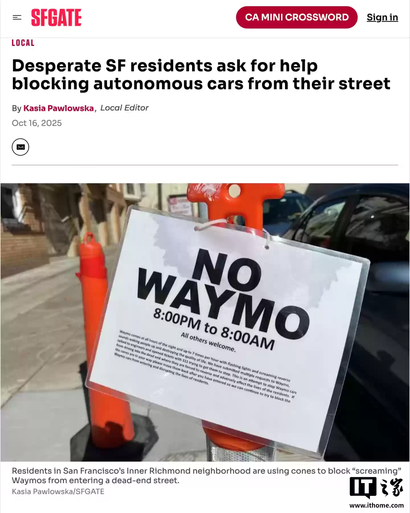 Waymo 自动驾驶车辆持续扰民，旧金山市民用锥筒和告示铸成“阻车防线”