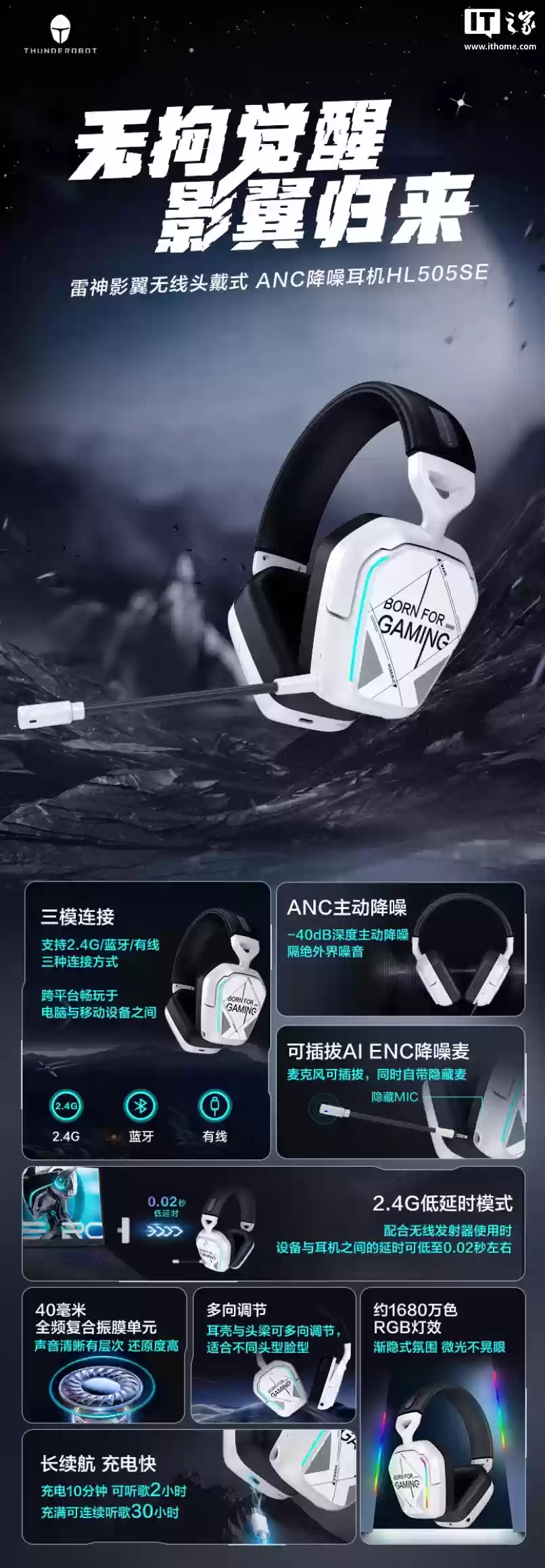 雷神推出影翼无线头戴式游戏耳机:40mm 单元、ANC 主动降噪,199 元