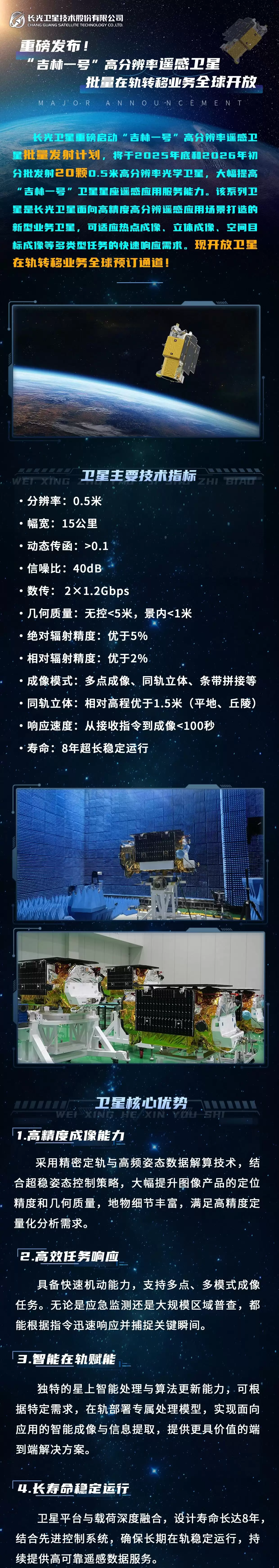 “吉林一号”高分辨率遥感卫星批量在轨转移业务全球开放，将发射20颗0.5米分辨率遥感卫星