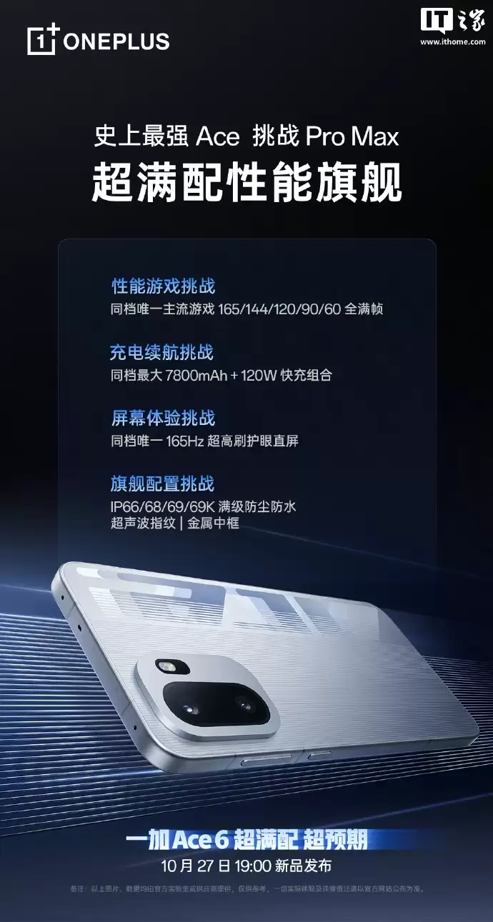 一加 Ace 6 手机搭载超声波屏下指纹、金属中框，拥有 IP66/68/69/69K“满级防尘防水”