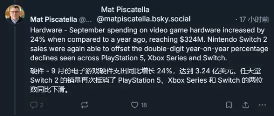 任天堂Switch 2热销推动9月游戏硬件销售增长