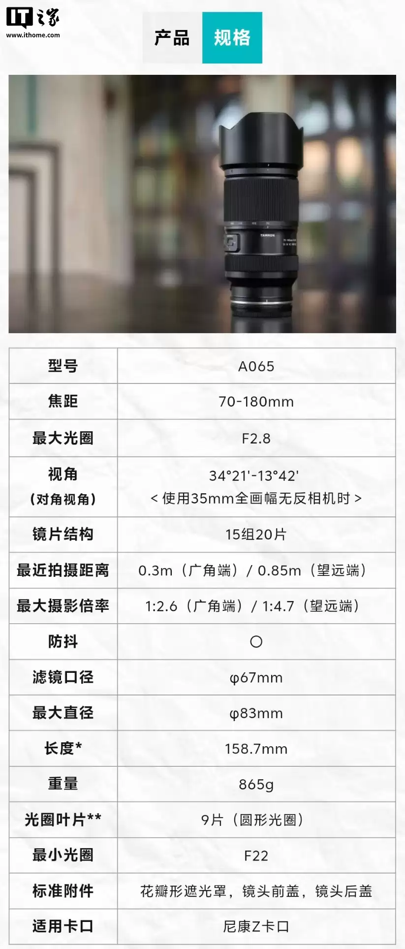 首发价 6580 元,尼康 Z 卡口版腾龙 70-180mm F/2.8 G2 镜头上市