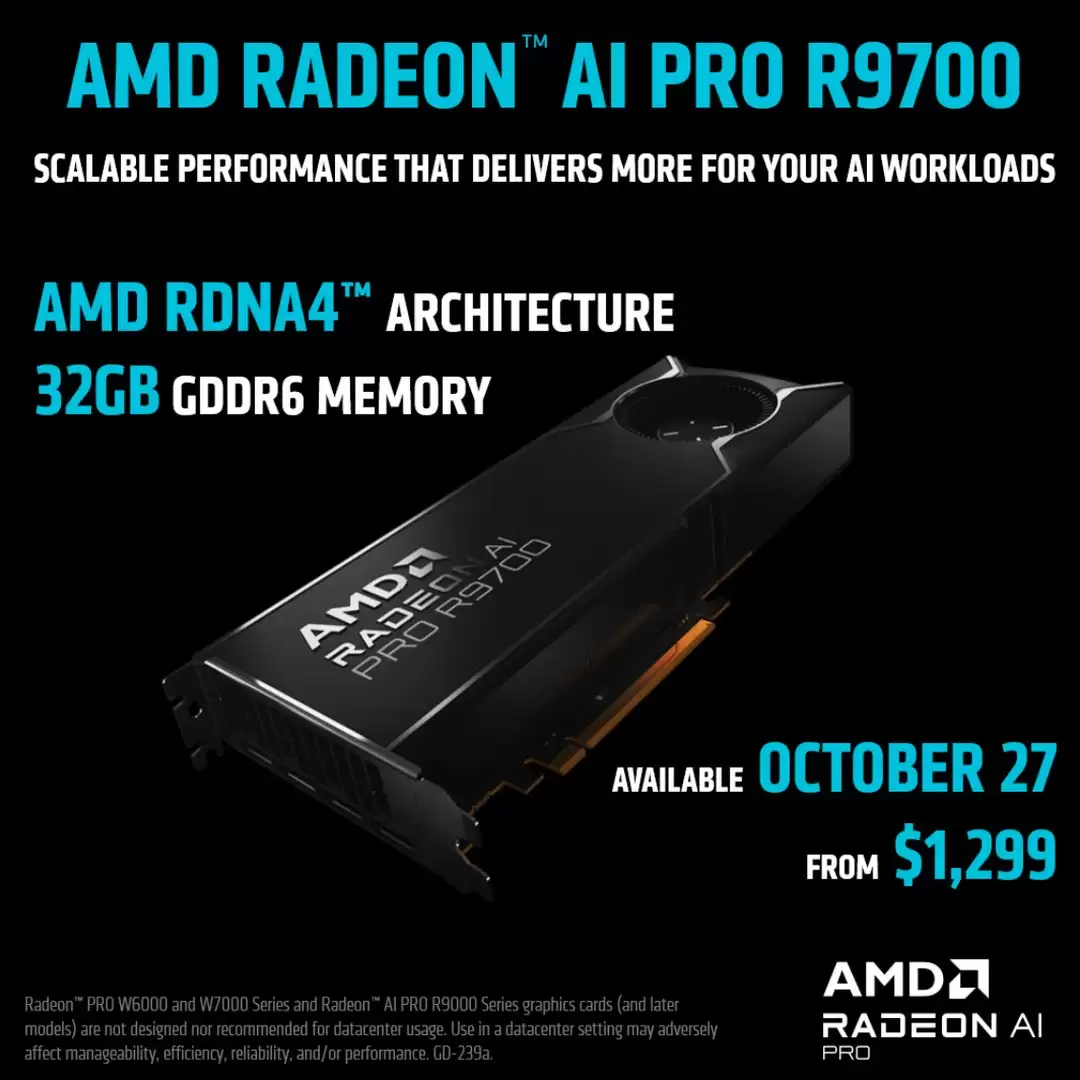 AMD Radeon AI PRO R9700显卡10月27日零售上市