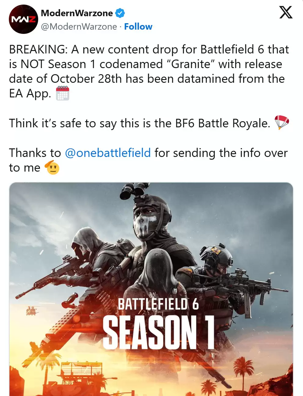 传《战地6》大逃杀模式将于10月28日上线