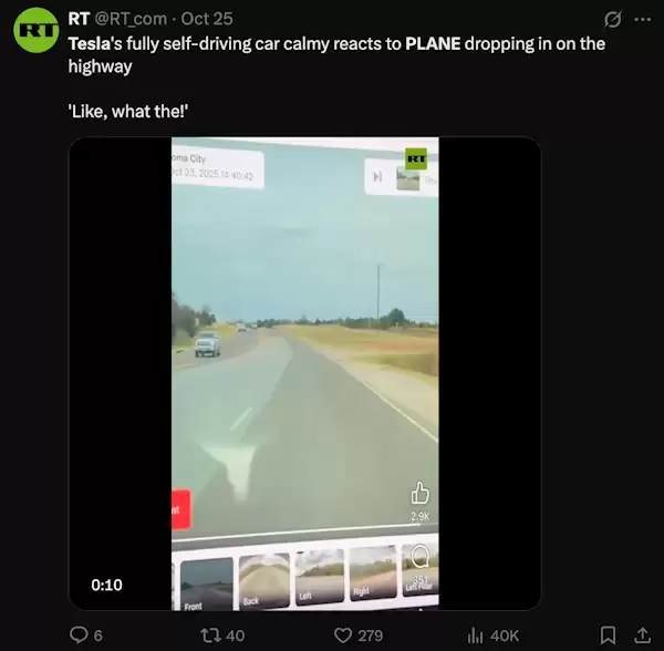 传美国一辆特斯拉用FSD避让坠毁飞机 司机辟谣：我手动操作的