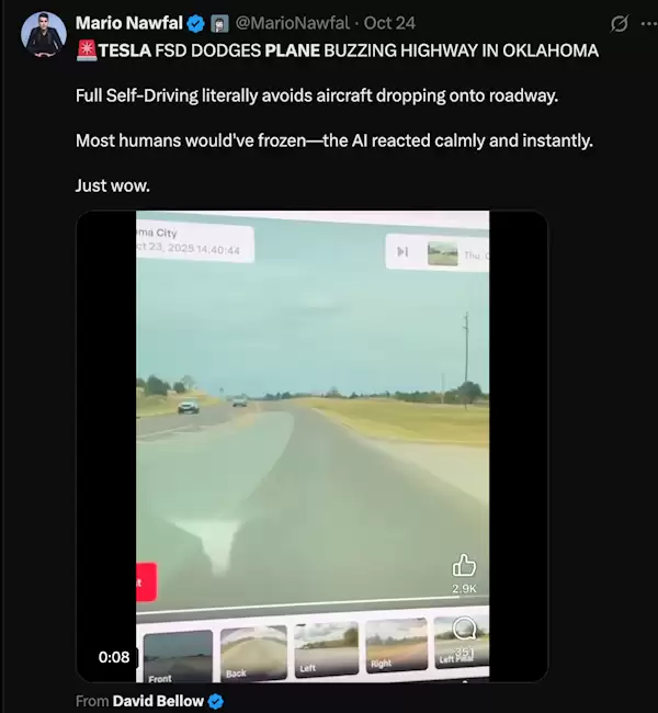 传美国一辆特斯拉用FSD避让坠毁飞机 司机辟谣：我手动操作的