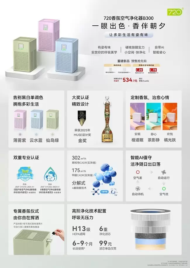 720香氛空气净化器B300预售现已开启