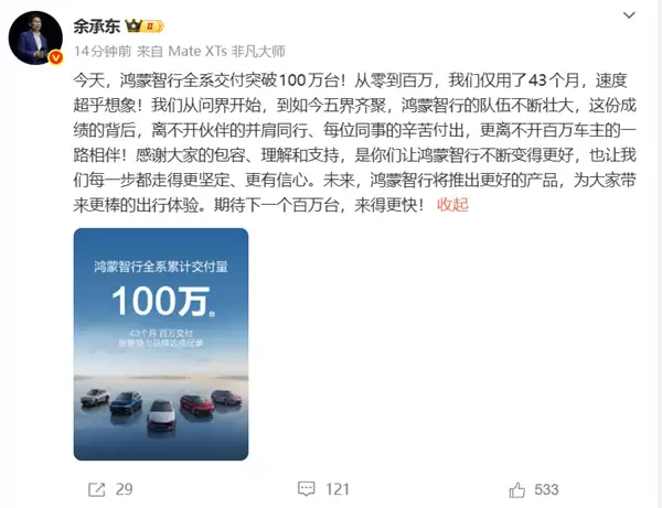 鸿蒙智行43个月交付破百万创纪录