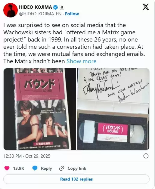 小岛秀夫回应26年前黑客帝国游戏合作传闻