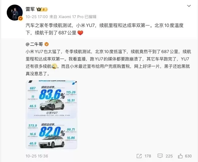小米YU7冬季续航测试引争议：10℃环境测出687公里被指误导