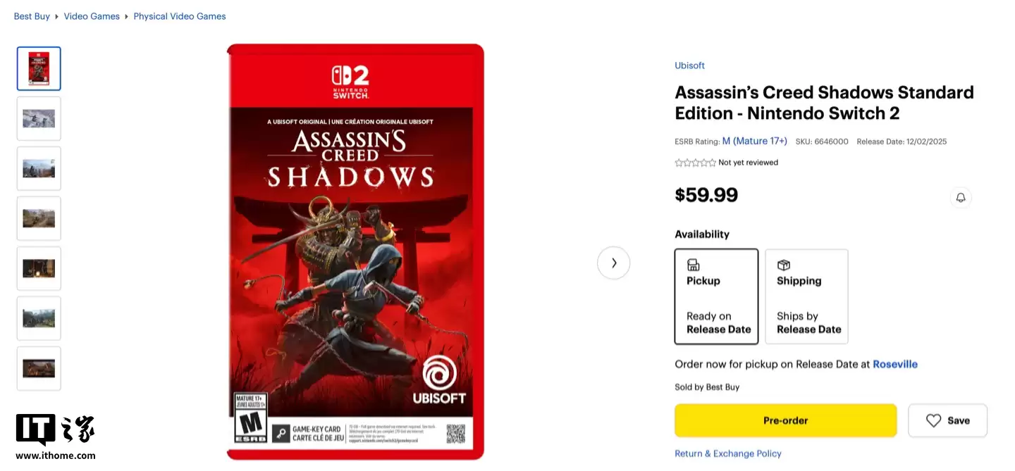 定价 59.99 美元,育碧《刺客信条:影》任天堂 Switch 2 版本游戏上架零售商