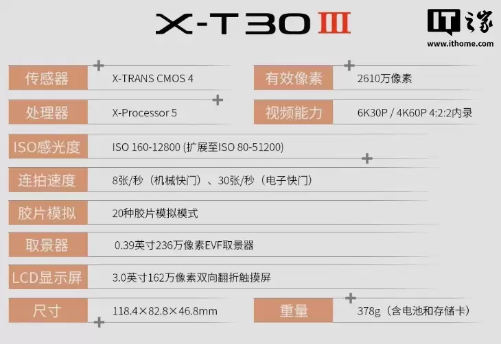 6499 元富士 X-T30 Ⅲ APS-C 无反相机开售:26MP CMOS + 新款 X-Processor 5 处理器