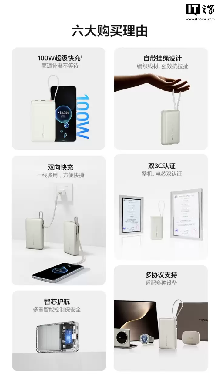 299 元：荣耀亲选移动电源 100W 自带线版开售，20000mAh 容量、自带挂绳设计