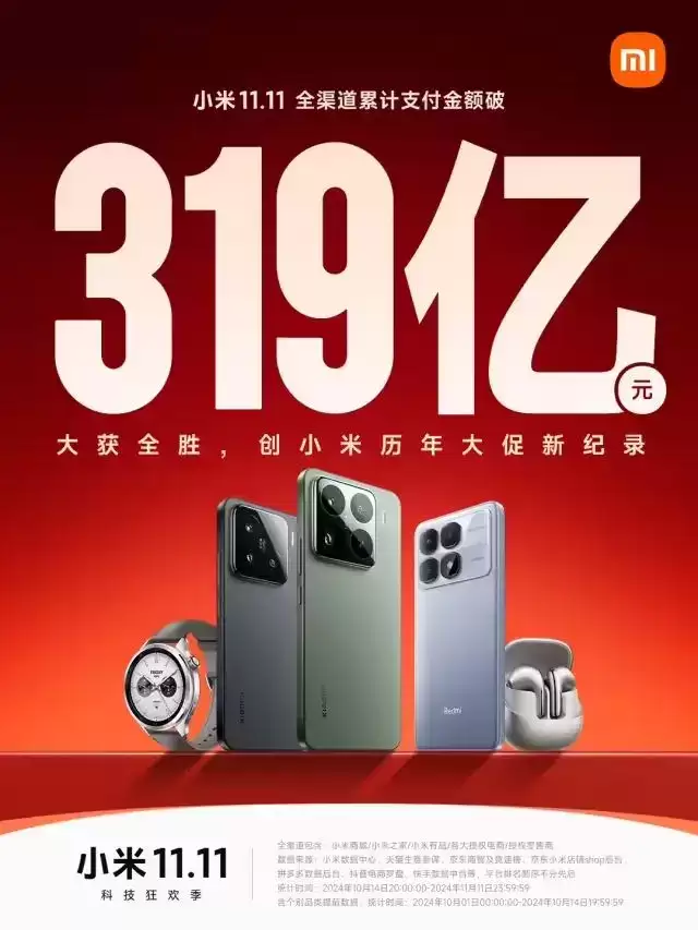 小米双11战报：截至10月31日23:59，双11全渠道累计支付金额突破182亿元