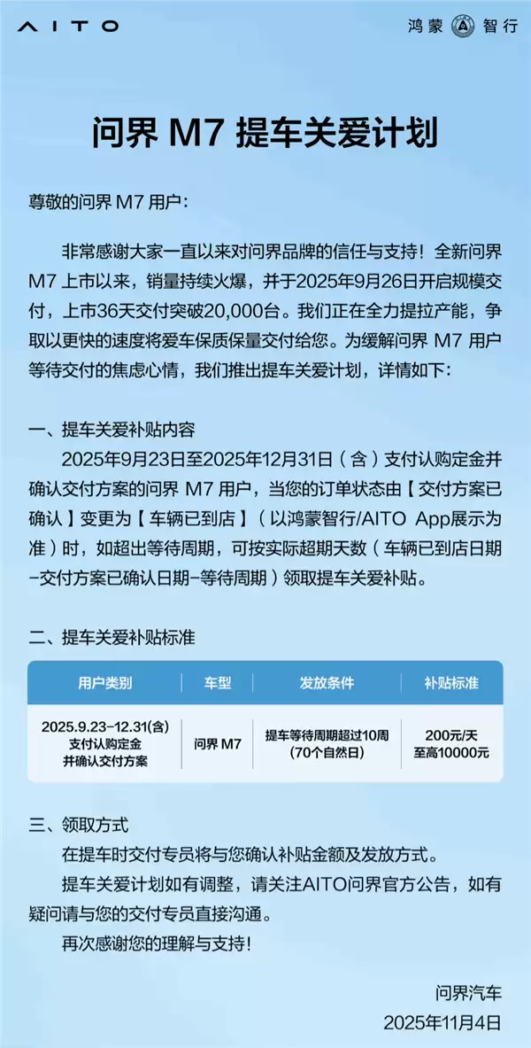 问界M7提车关爱计划发布：等车超10周 每天补贴200元