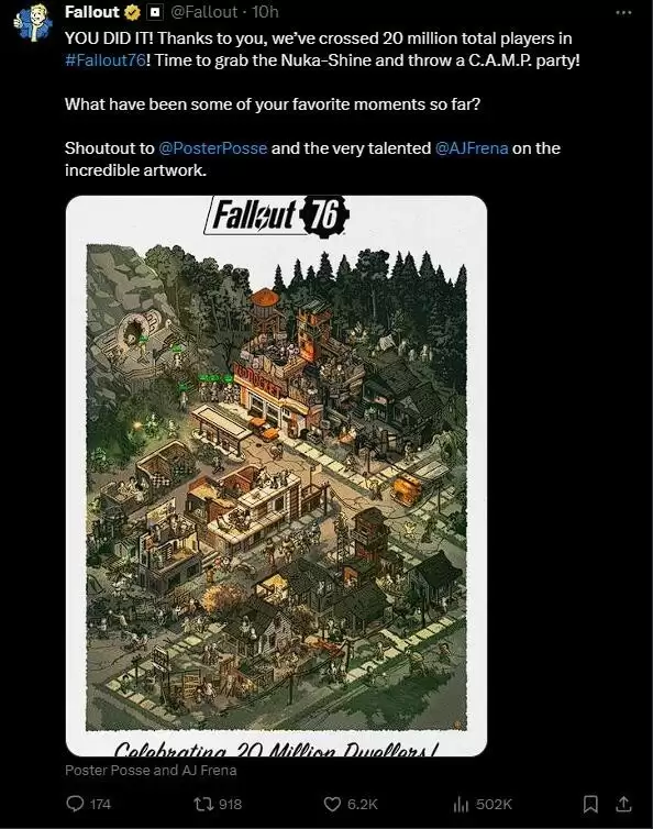 《辐射76》玩家数突破2000万，B社团队狂欢庆祝